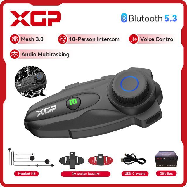 XGP-X10 Bluetooth-Motorrad-Gegensprechanlage für 10 Fahrer, kabelloses Helm-Kommunikationsgerät mit Bluetooth 5.3, Schwarz - Bild 1