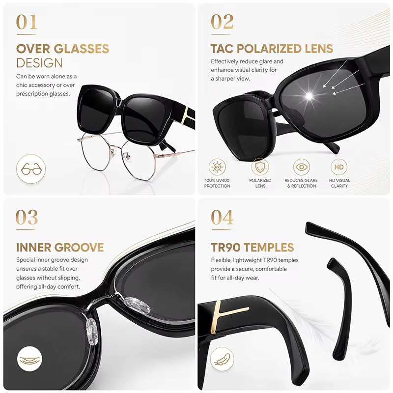 AWGSEE Fitover-Sonnenbrille, Square, Vollrand, Schwarz, Unisex - Bild 4