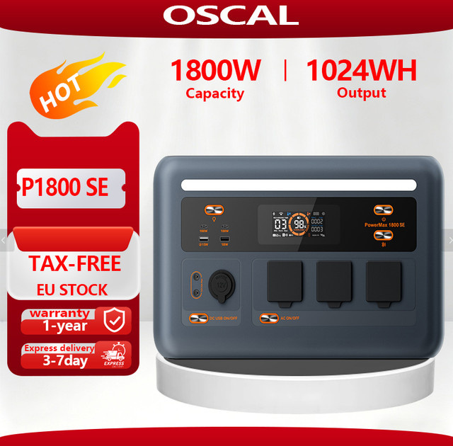 OSCAL PowerMax1800 SE Energiespeicher-Kraftwerk 1800W 1024Wh Solar-Energiespeicher in Grau für Outdoor-Camping und mobile Heimnutzung - Bild 1