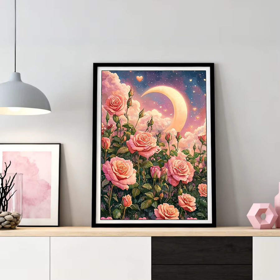 HUACAN Diamantmalerei Set Rosenblüte und Mondlandschaft als Kunst-Mosaik Wanddekoration, Mehrfarbig, B: 30,0 cm, H: 20,0 cm - Bild 2