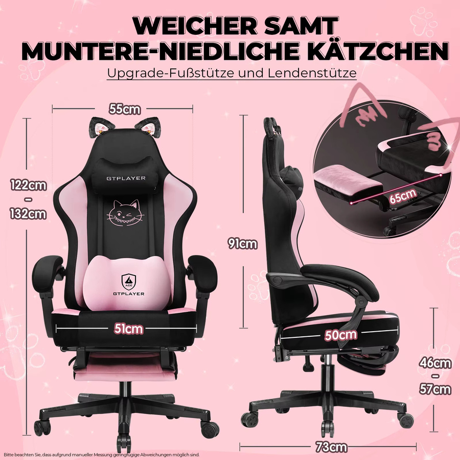 GTPLAYER Gaming Stuhl mit Katzenohren in Rosa aus Samtstoff, ergonomischer Bürostuhl für Home Office und Gaming mit Armlehnen und Kopfstütze, Belastbarkeit bis 150 kg - Bild 3