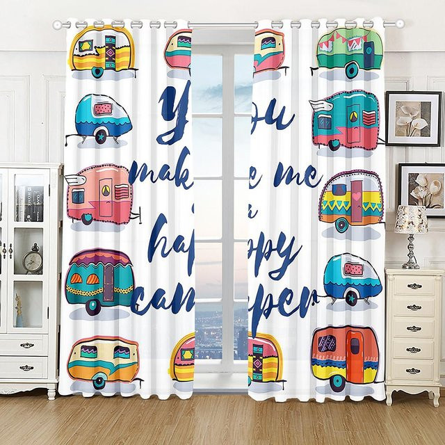 Yiran Furniture Cartoon Fensterbehandlung für Kinder mit LKW, Rennwagen, Feuerwehrauto und Bagger, 2 Stück, Multicolor, B: 50 cm, H: 130 cm - Bild 1