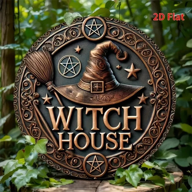 HELLOYOUNG Vintage Hexenhaus Metallschild, Kreisförmige Eisen Wanddekoration mit Sternen, Hexenhut und Besen Design für Halloween, Braun, Durchmesser: 30 cm - Bild 1