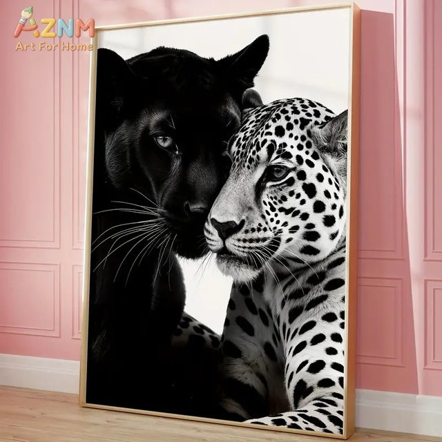 AZNM Wandkunstdruck Schwarzer Panther und Leopard als Leinwand-Wanddekoration in Schwarz-Weiß - Bild 1