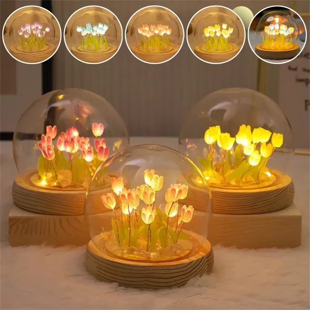 DIY Tulpe Nachtlicht Materialpaket zur kreativen Lampen-Gestaltung in Gelb und Mehrfarbig mit Holzbasis - Bild 1