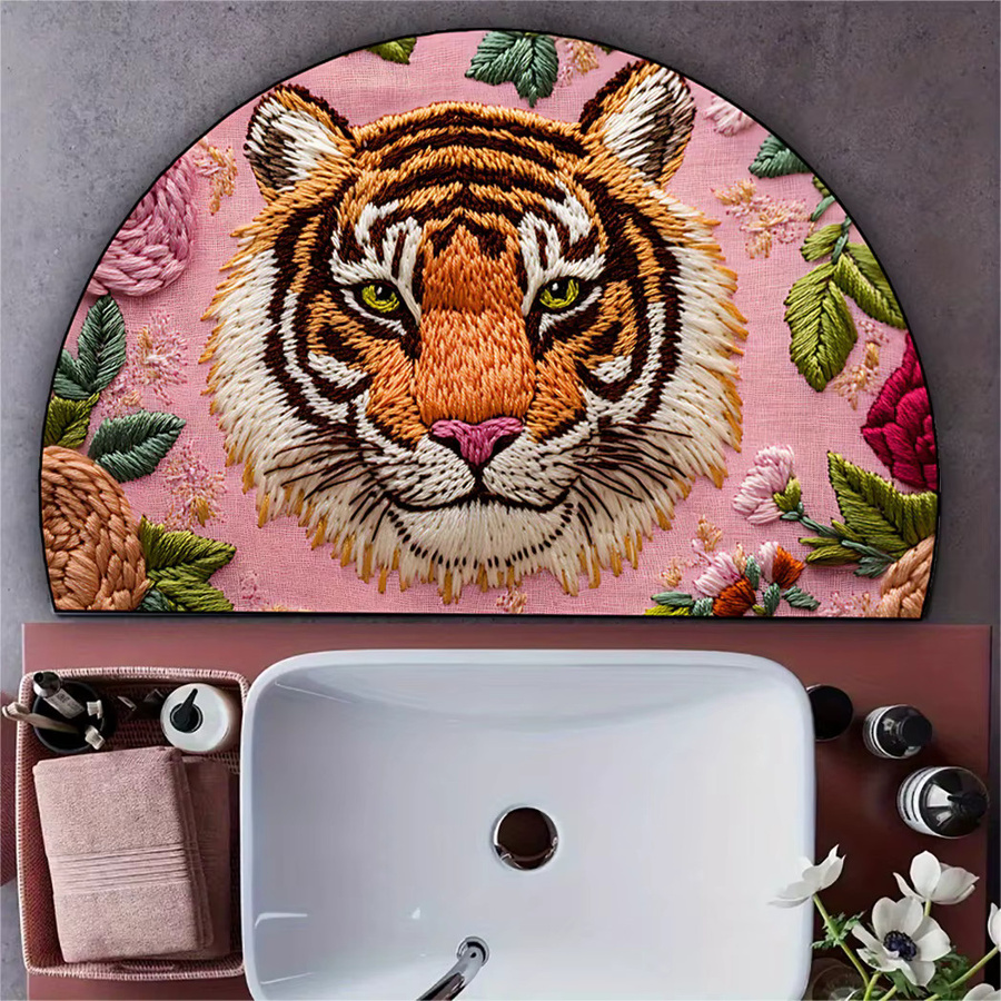 VIKAMA Halbkreisförmige Bodenmatte mit Tiger- und Blumenmuster in Rosa, dekorativer Teppich für den Eingangsbereich, B: 60 cm, T: 40 cm, H: 1 cm - Bild 2