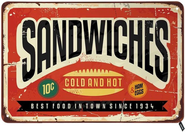 Swono Vintage Metallschild Sandwiches Wanddekoration für Bars und Restaurants - Bild 1