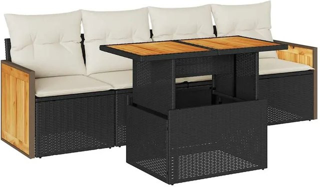 vidaXL 5-teilige Garten-Sofagarnitur aus Polyrattan und Akazienholz in Schwarz mit Kissen und Stauraum - Bild 1