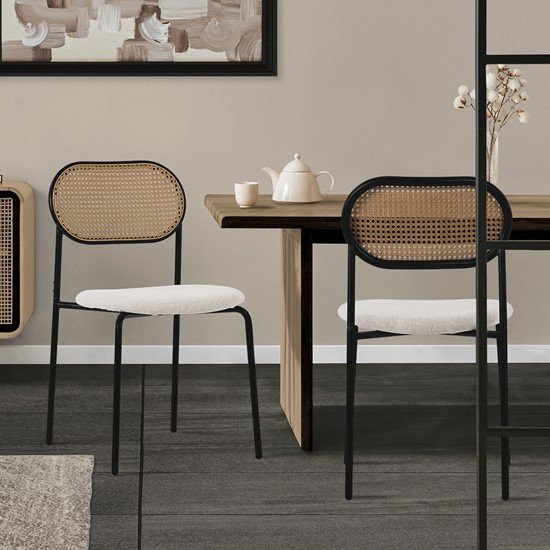 ML-Design Esszimmerstühle 2er Set Beige mit Rattan-Geflecht und Polsterung - Bild 1