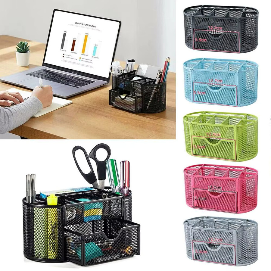 Schreibtisch Organizer aus Metall mit 9 Fächern und Schublade für Büro und Schule, Schwarz oder Silber - Bild 4