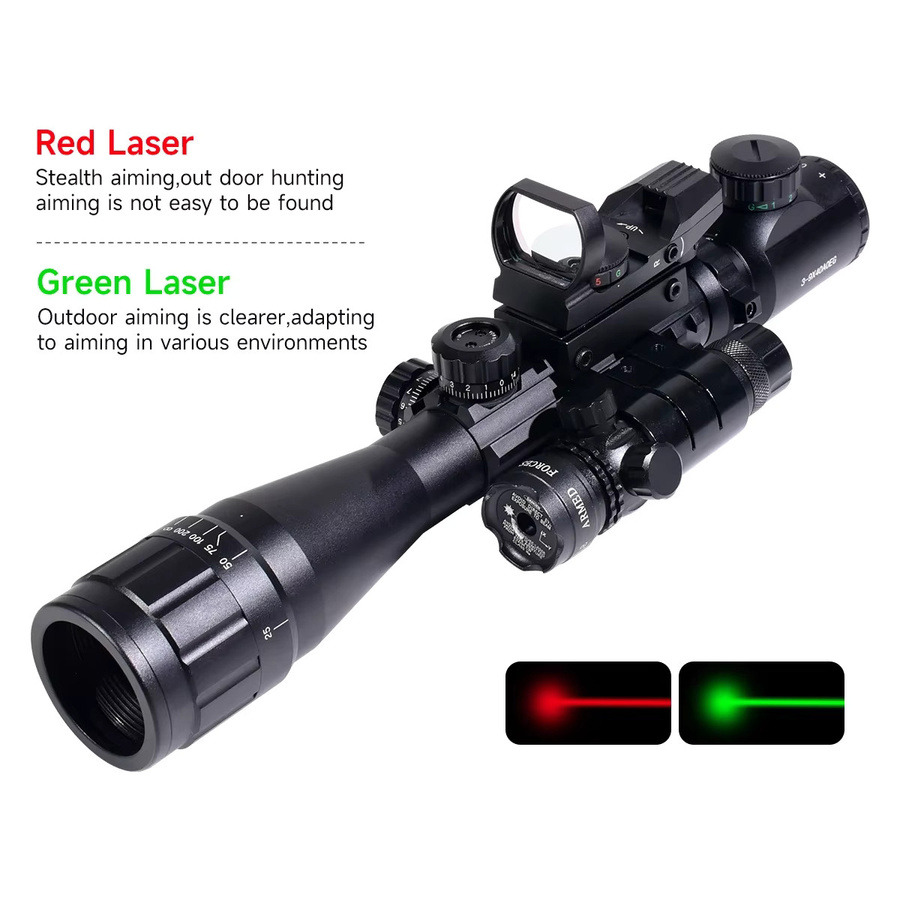 Taktisches Zielfernrohr 3-9x40 AOEG mit Rotpunkt, Taschenlampe und Laser in Schwarz für Outdoor-Jagd zur Montage auf 11mm/20mm Schienen - Bild 5