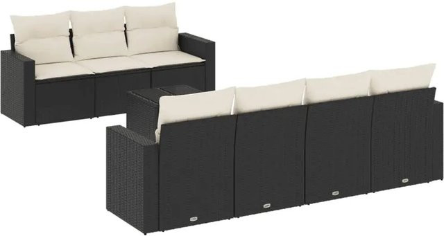 vidaXL 8-teilige Garten-Sofagarnitur in L-Form aus Poly-Rattan und pulverbeschichtetem Stahl, Schwarz-creme mit Sitz- und Rückenkissen - Bild 1