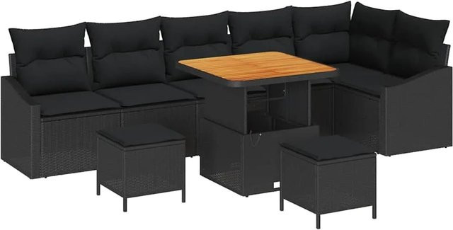 vidaXL Garten-Sofa-Set aus Poly-Rattan in Schwarz, 9-teiliges L-Shape Lounge-Set mit Kissen, Ottomane und Couchtisch für Garten und Terrasse - Bild 1