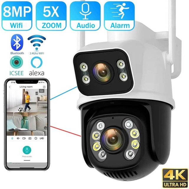 8MP 4K Dual Lens Wifi PTZ Outdoor Sicherheit Kamera mit Dual Screen Nachtsicht und ICSEE App, Farbe: Weiß - Bild 1