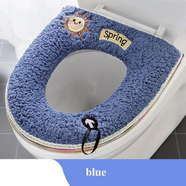 WTEMPO Toilettensitzbezug rund mit Sonnen-Design aus Biber-Material, blau, waschbar - Bild 1