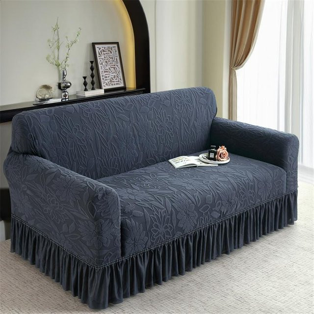 Rutschfester Jacquard Sofabezug mit Volant in Blau, elastischer Stretch-Couchbezug für Wohnzimmer und Büro - Bild 1
