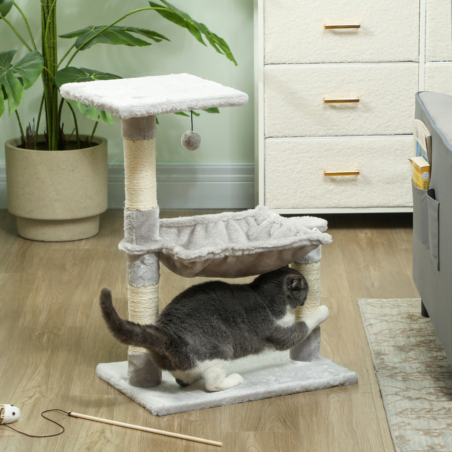 PawHut Katzenbaum in Hellgrau mit Sisal-Kratzmatten, Plattform, Hängematte und Spielset, H x B x T: 70 x 26 x 50 cm - Bild 2