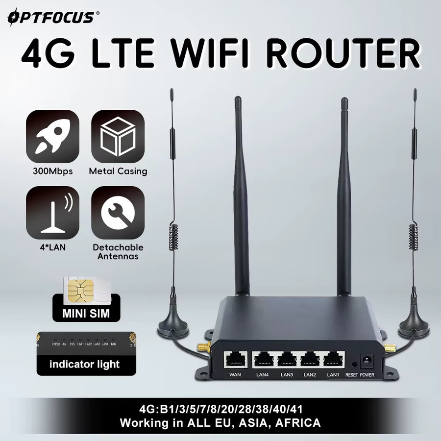 OPTFOCUS LTE WLAN-Router 4G mit 300 Mbit/s, 4 abnehmbaren Antennen, 1 WAN und 4 LAN Ports, Schwarz - Bild 1