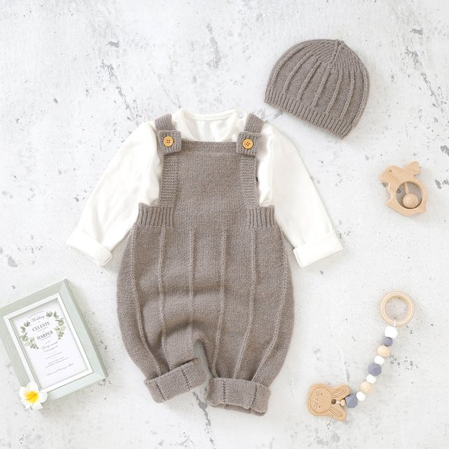 Mimixiong Babyspielanzug Set aus Strick für Jungen und Mädchen inklusive Hut, ärmelloser Overall für Neugeborene, 0-18 Monate - Bild 1