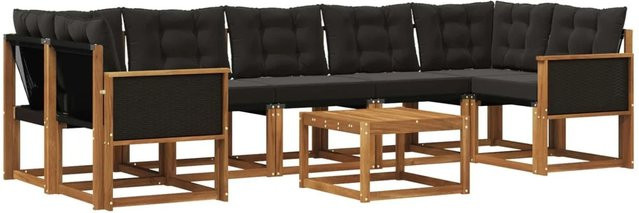 vidaXL Outdoor-Sofagarnitur L-Form aus Akazienholz mit 8 Kissen in Schwarz und Braun - Bild 1