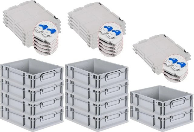 PROREGAL SuperSparSet 10x Eurobox NextGen Grip mit Scharnierdeckel und blauen Schiebeschnappverschlüssen, Grau, H: 12 cm, B: 30 cm, T: 40 cm - Bild 1