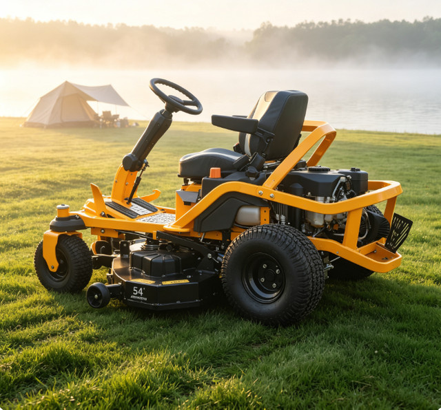 SAAO Nullwendekreis-Aufsitzrasenmäher mit 48-Zoll-Mähwerk und Benzinmotor in Orange und Gelb - Bild 1