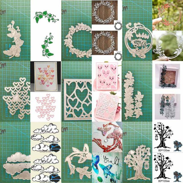 Metall-Schablonen Set mit Blumen, Fisch, Traubenblatt und herzförmigem Rahmen in Silber für Scrapbooking, Fotoalben und Papierkarten-Gestaltung - Bild 1