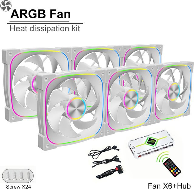 AuyiHomu Kühlventilator-Set mit 6x 120mm ARGB-Lüftern, 9-Port PWM ARGB-Hub und magnetischem Controller inklusive Fernbedienung, Schwarz, Multicolour - Bild 1