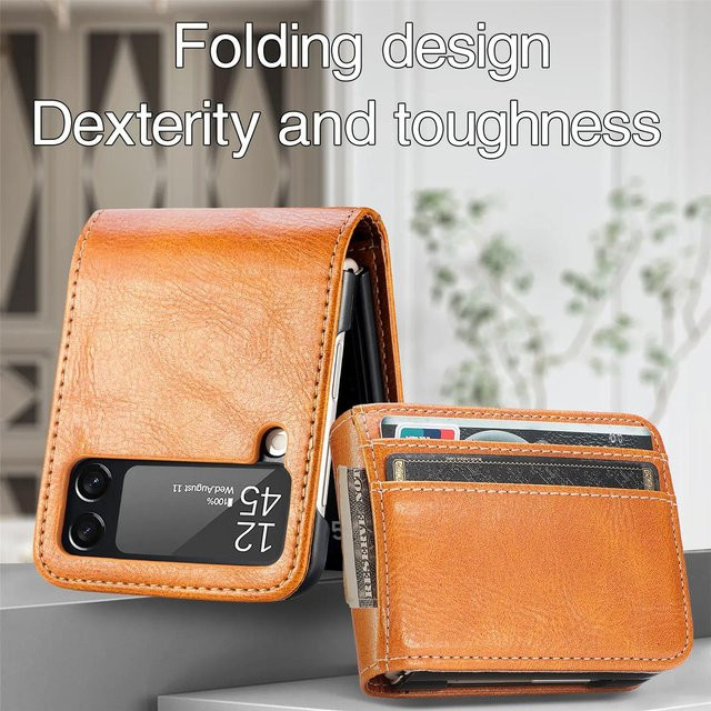 HQBBRO Leder-Portemonnaie-Hülle für Samsung Galaxy Z Flip 6 5 4 3 5G, rutschfeste Buch-Abdeckung mit Kartenstecktaschen, braun - Bild 1