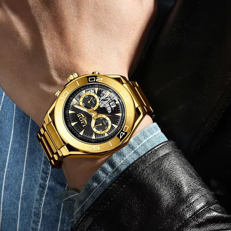 LIGE Armbanduhr Quarz, Edelstahl, Schwarz, Gold, Herren - Bild 3