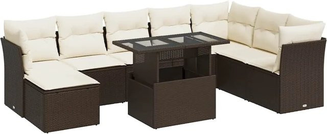 vidaXL 9-tlg. Garten-Sofagarnitur in L-Form aus braunem PE-Rattan mit Kissen und pulverbeschichtetem Stahlgestell - Bild 1