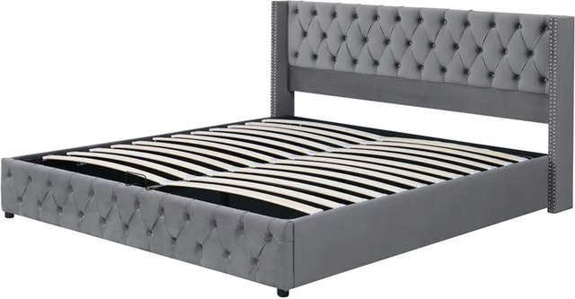 KOMHTOM Polsterbett mit hydraulischem Lift-up-System aus Samt in Grau, B/T: 140 x 190 cm, Chesterfield-Design mit Kissenheftung und Flanellnieten - Bild 1