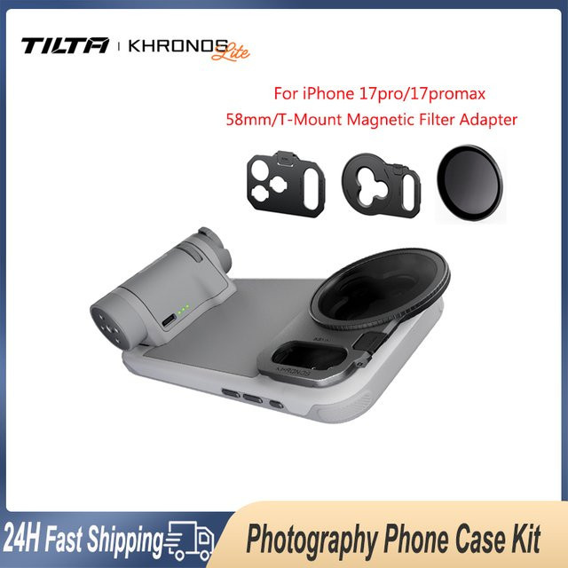 TILTA Khronos Magnetische Handyhülle für iPhone 17 Pro Max in Grau mit Griff und 58 mm T-Mount-Adapterfilter - Bild 1