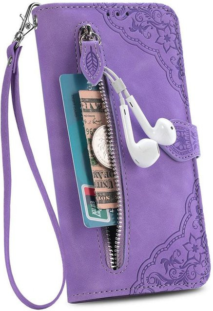 Leder-Flip-Tasche mit Reißverschluss und Kartensteckplätzen für Samsung Galaxy S20 S21 FE S22 Ultra Plus A12 A13 A22 A32 A33 A52 A52S 5G in Violett - Bild 1