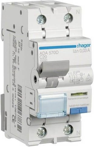 Hager ADA570D RCBO FI-Schutzschalter und Leitungsschutzschalter 2polig 20A 0,03A 240V in Blau und Weiß - Bild 1