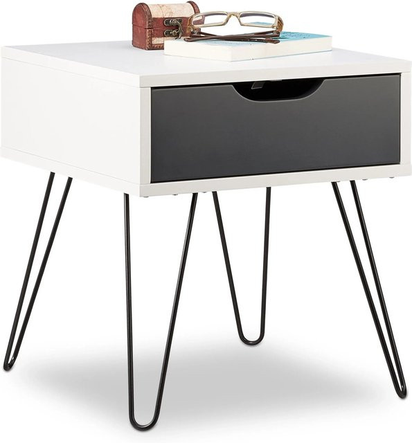 Relaxdays Nachttisch in Weiß und Grau aus MDF und Eisen mit Schublade, B/T/H: 44 x 40 x 40 cm - Bild 1