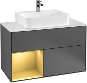V&B Waschtischunterschrank Finion 100 in Anthrazit mit Regalfach links und Goldgriffen, Breite: 100 cm, Tiefe: 50,1 cm, Höhe: 50,1 cm - Bild 1