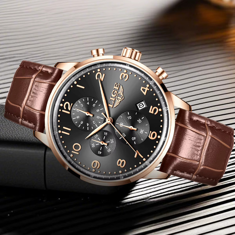 LIGE Armbanduhr Quarz, Leder, Schwarz, Roségold, Herren - Bild 2