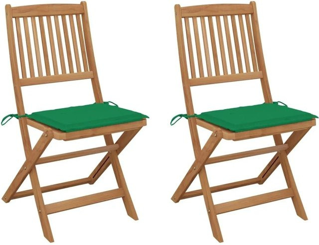 vidaXL Set aus 2 klappbaren Gartenstühlen aus geöltem Akazienholz mit grünen Kissen - Bild 1