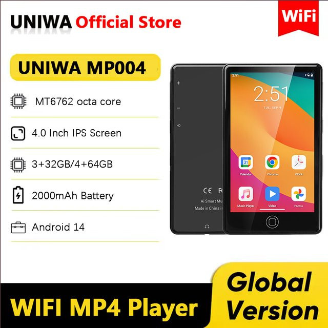UNIWA MP004 MP4-Player mit Android 14, 4 Zoll Display, Bluetooth und WiFi, Schwarz, 32 GB Speicher - Bild 1