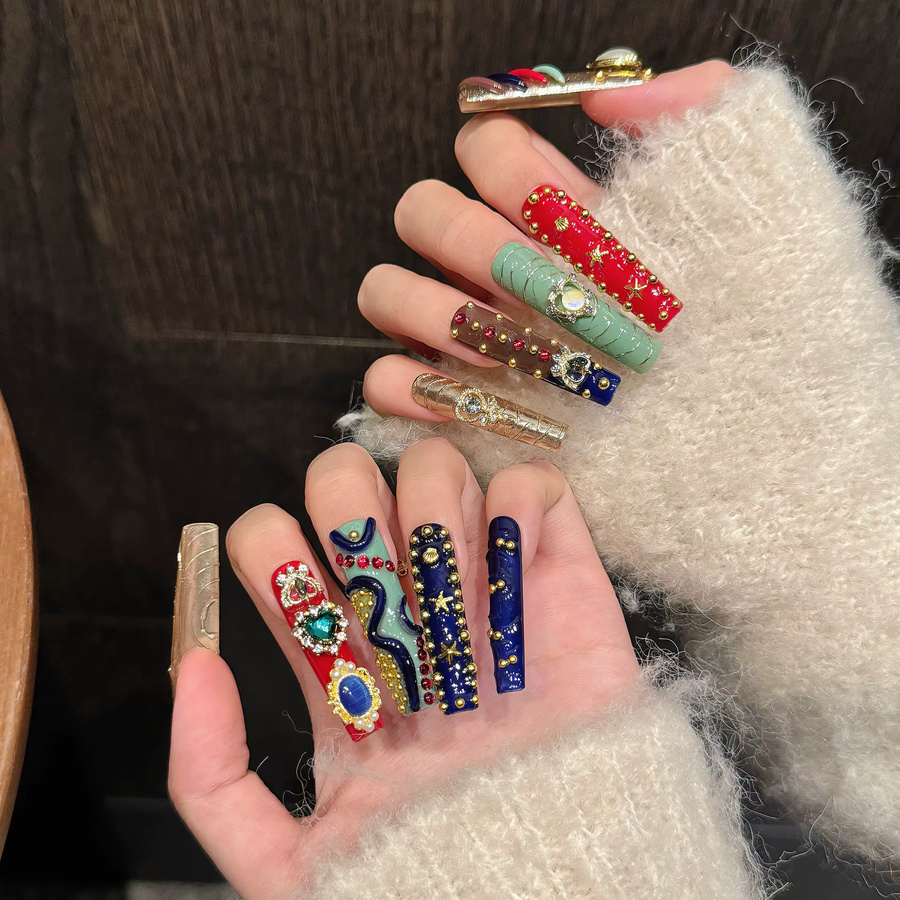 YADORNOS Press On Nails Long Coffin, Gold Star Love Heart Pearl, Damen - Bild 3