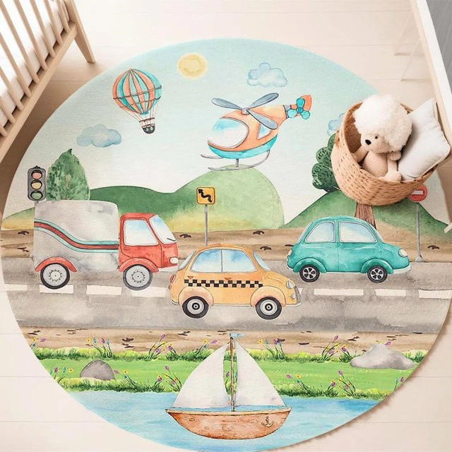 Karpetti Kinderteppich mit Flugzeug und Heißluftballon Motiv, rund, Mehrfarbig, Durchmesser: 120 cm - Bild 1