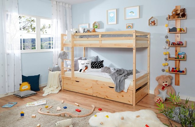 TiCAA Etagenbett Finn aus massivem Kiefer in Natur mit 2 Schubkästen, B/T/H: 209 x 96 x 151 cm - Bild 1
