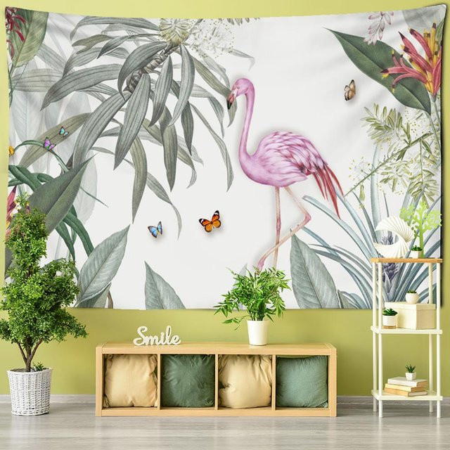 Wandteppich mit tropischen Pflanzen und Vögeln in Grau und Multicolour, Boho Wandbehang mit psychedelischem Tier-Design, B/H: 95 x 70 cm - Bild 1