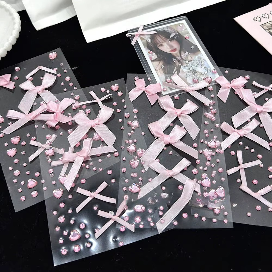 Rosa 3D Liebe Spitze Schleife Kristall Aufkleber mit Strass für DIY Foto Deko und Kpop Fotokarten - Bild 3