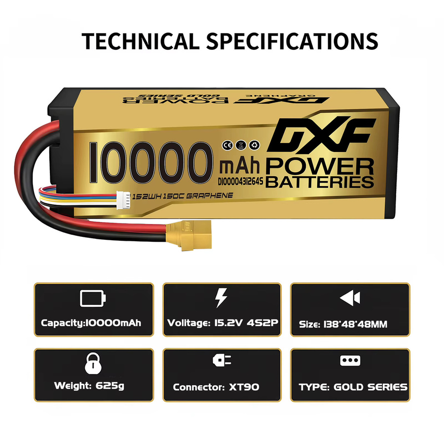 DXF Graphene Lipo 4S 10000mAh 150C 15,2V Akku Gold Version Racing Series Hardcase für RC Car Truck Evader BX Truggy 1/8 Buggy - Bild 3
