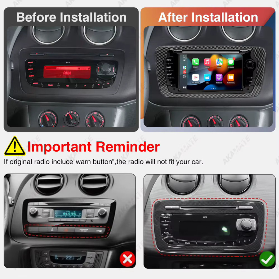 AKAMATE 7 Zoll Auto Radio für Seat Ibiza 2009-2013 mit Bluetooth, CarPlay, Android Auto, GPS, WIFI und FM RDS in Schwarz - Bild 2