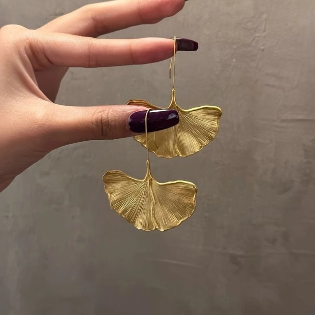 YoYo Anhänger-Ohrringe Ginkgo-Blatt-Form, Gold, Damen, Vintage - Bild 1