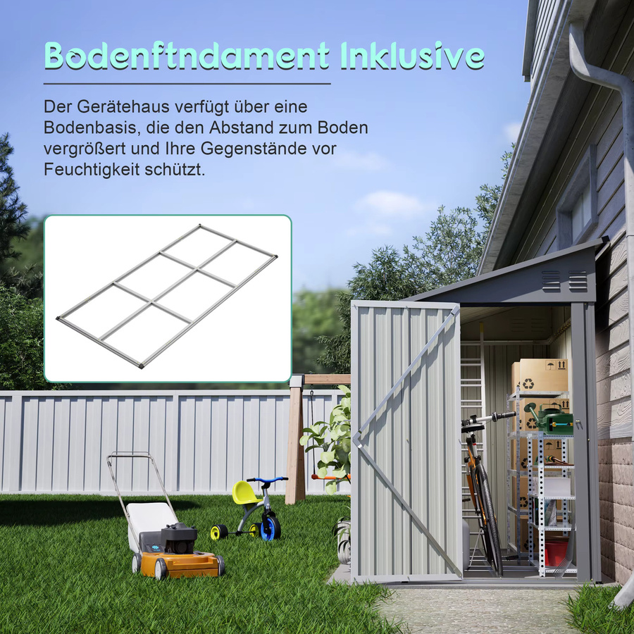 GIHAUVIA Gartenschuppen aus verzinktem Stahl in Grau mit abschließbarer Tür und Bodenrahmen, B/T/H: 228,8 x 192,2 x 124,0 cm - Bild 5