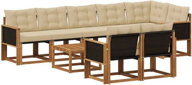 vidaXL Outdoor-Sofagarnitur aus Akazienholz und Textilene mit 9 Kissen in Natur und Beige - Bild 1